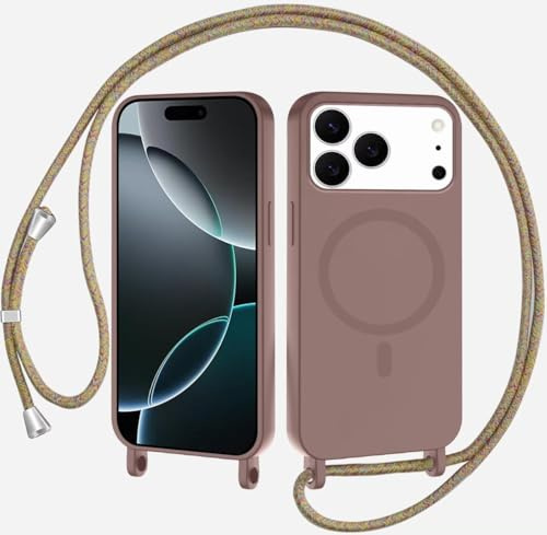 SLWYF Magnetische Handykette für iPhone 17 Pro Hülle mit Band, Handyhülle Kompatibel mit MagSafe, Silikon Seil Necklace Handyhülle PU Stoßfest mit Abnehmbar Kordel zum Umhängen Case - Braun