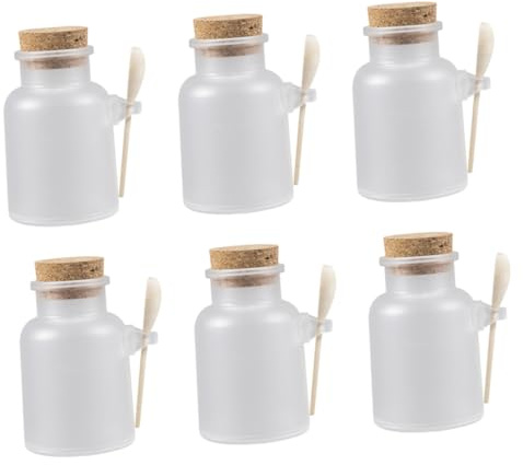 ZUNOXAZ Ensemble de 6 Bouteilles de Voyage pour Poudre de Masque 100g Bouchon en Bois et Cuillère, Flacons en Plastique Blanc Étanches pour Soins Personnels et Salons de Beauté