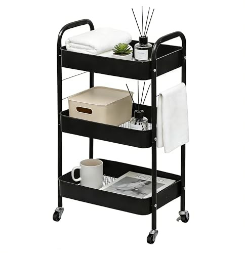 ZOESTORAGE 3 Tier Trolley Cart,Metal Storage Trolley on Wheels for Bathroom,Kitchen,Laundry,Bedroom and Storage Cart for Book,Snack,Black