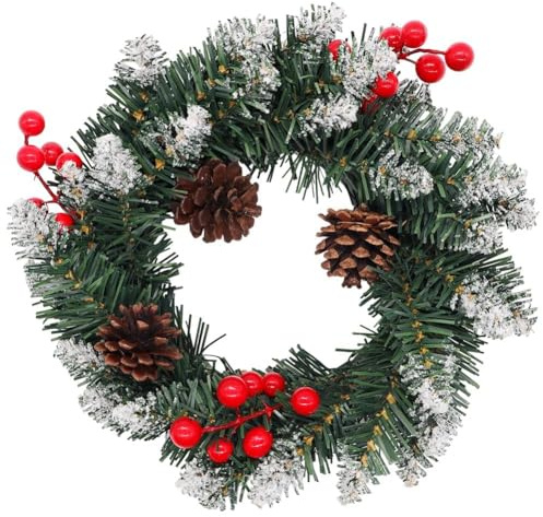 Decoración de Coronas Navideñas, Corona de Navidad con Bayas Rojo y Abetos, Corona Navideña para Puerta de Entrada Ventanas Decoración Día Adorno de Pared para Navideñas