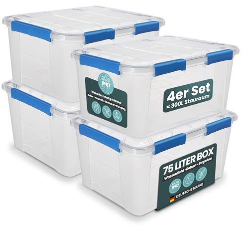 Kreher® Aufbewahrungsbox 75 Liter mit Deckel – wasserdicht & staubdicht, transparent & stapelbar, BPA- & schadstofffrei, robuste Kunststoffbox mit Silikondichtung & 6 Clips (4, 75 Liter)