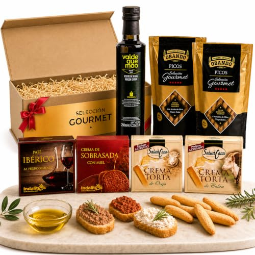 Cesta Gourmet para Regalar ACROL, Aceite oliva virgen extra 250 ml, cremas torta Oveja y Cabra, paté iberico, sobrasada con miel y picos artesanos, regalo cumpleaños mujer, regalos para hombres