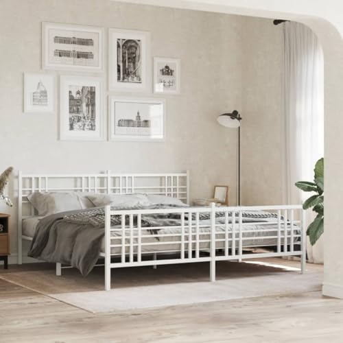 Bucmath Bettgestell mit Kopf- und Fußteil, Metall Weiß 200x200 cm, Robustes Doppelbett aus Stahl mit Lattenrost für Schlafzimmer, zusätzlichem Stauraum und optimaler Matratzenunterstützung