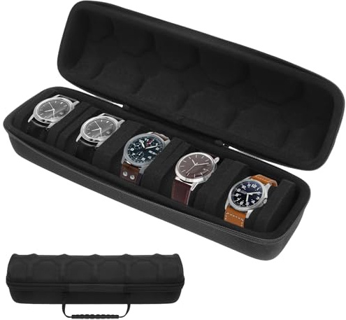 VAVPUP 5-Slot Hard Watch Travel Roll Case - Anti-Slip Pillow Watch Organizer for Men Women,Shockproof Dustproof Moistureproof with Zipper Closure(1pcs-black)