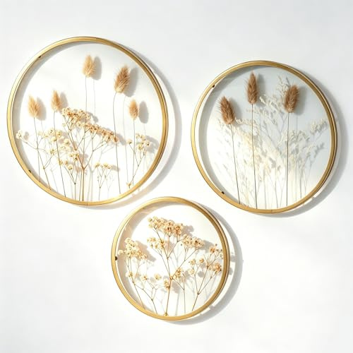 JUJOYBD Wanddeko Boho Gold Glasrahmen Set mit Getrockneten Blumen 3-teilig