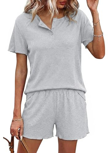 Demegimi Pijama Corto Mujer Conjunto de Dos Piezas Manga Corta para Dormir y Estar en Casa Ropa de Dormir Sleepwear Suave S-XXL