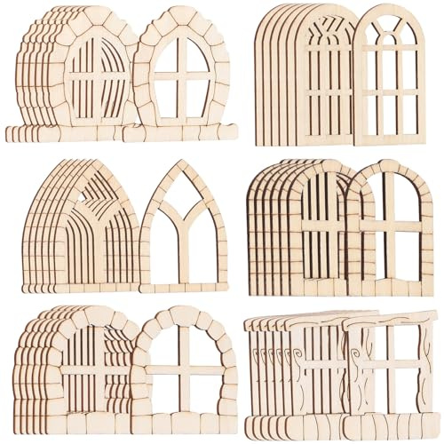 Beavorty Porte e Finestre in Miniatura Facile Installazione Set 50 Pezzi in Legno Non Verniciato, Superficie Grezza per Decorazioni da Giardino e Fai da Te Artigianali