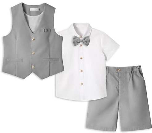 LOLANTA 4 st sidor pojke kort dräkt, barn linnedräkt sommarkostym, festliga sommarbröllop dop ceremoni outfit, födelsedag partykläder, barn västar shorts set med fluga, LJUSGRÅ, 10-11 år
