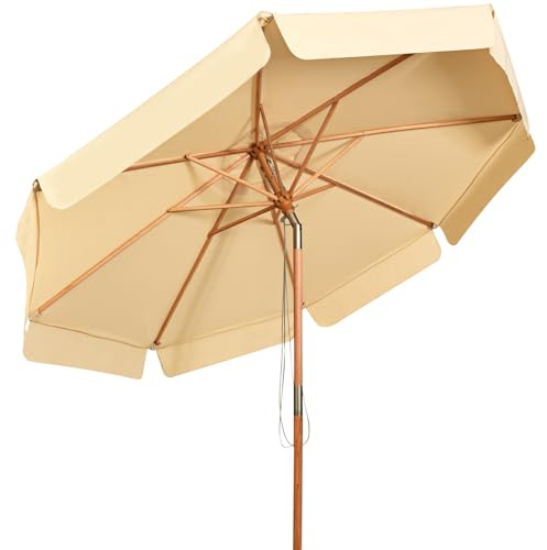 GOPLUS Parasol de Jardin Exterieur 3x3M, Parasol Inclinable de Balcon avec 8 Baleines en Bois, Tissu Anti-UV, avec Lambrequin pour Terrasse Patio Restaurant (Beige)