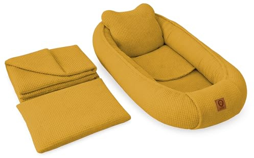 Babynestchen Neugeborene – 5-teiliges Baby Set mit Babynest aus Waffelpique Baumwolle – Nestchen Baby für Babybett & Kinderbett – Babykokon Tragbar – OEKO-TEX zertifiziert – Zubehör Babybett - Honig