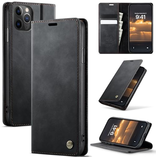 Cracedily Handyhülle für iPhone 11 Pro Hülle Premium PU Leder Klappbar Stoßfeste Tasche Flip Case [RFID Blocker] Magnet Kartenfach Standfunktion Klapphülle Schutzhülle für iPhone 11 Pro, Schwarz