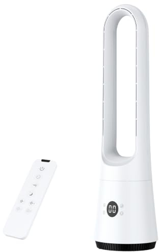 Kouamor 56cm Tower Fan, Warm & Cold 4000-5600rpm Bladeless Fan, Cooler Fans, Standing Fanss, Tower Fansss Cooling Quiet Bedroom, with Remote Control, 8h Timer, 80° Oscillation (E-white)