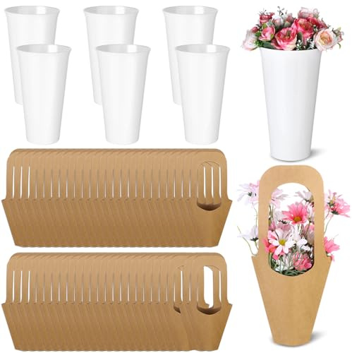56 Pcs Flower Bar Buckets Set 6 Flower Buckets 50 Kraft Paper Flowers Gift Bags 9.84 Inch Plastic Flowers Vases Floral Display Decorative Bucket Flowers Bucket for Home Garden Wedding Florist Shop