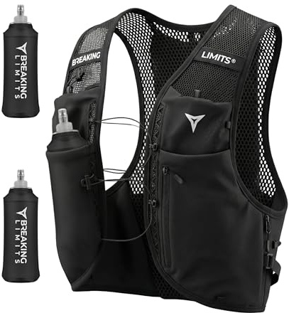 Breaking Limits Laufweste Damen Herren mit Trinkflasche - Running Vest | Trinkweste Laufen, Laufrucksack Herren & Damen, 500ml Trinkflasche, Ultraleicht, Jogging Weste, Men & Women with 2 Soft Flask