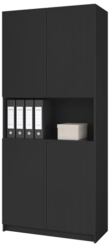 Vladon Büroschrank Rivo, Made in Germany, Aktenschrank mit 4 geriffelten Türen & Soft-Close, Aufbewahrungsschrank für Büro, Home Office & Wohnzimmer Schwarz matt/Schwarz matt (82 x 184 x 37 cm)