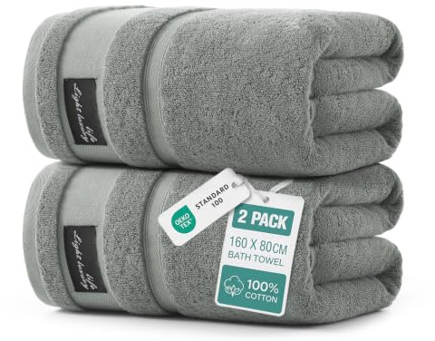 REDKISS 2 Badetücher Groß 160 x 80 cm,100% Baumwolle Badehandtuch für Bad | 600 GSM, hoch saugfähig und schnell trocknend, superweiches luxuriöses Saunatücher,Badehandtücher Groß für Alltag/Sauna–Grau