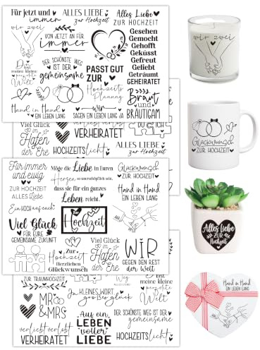 Rub On Sticker 4 Blatt A5 Hochzeit Transferfolie Aufkleber Wasserfest | Schriftzug Sprüche Mr & Mrs Brautpaar Deko für Gläser Gästebuch Gastgeschenk Basteln Scrapbooking.