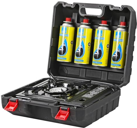 Thrink Portable Camping Stove Set, Gas Cooker with 4 Butane Refills and Heavy Duty Carry Case, Compact Outdoor Cooking Kit for Camping Trips, Caravan, Beach, Fishing and Festivals