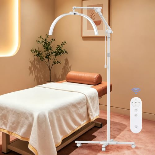 SMOCTAR Halbmond Lampe Kosmetiklampe, 70CM Wimpern Lampe for Wimpernverlängerung, Tattoo, Beauty, Nägel, Faltbare LED Stehlampe mit Rädern, Telefonhalter, Einstellbarer Helligkeit und Höhe (Weiß)