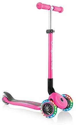GLOBBER Primo Foldable Lights – Tretroller Kinder, 120/80 mm, ABEC 5, 3-rädrig, höhenverstellbar, LED-Rollen, neon pink