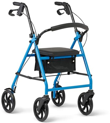 Medline Standard Adult Steel Rollator Walker Aid, Light Blue, 300 lb. Weight Capacity, 8” Wheels, Foldable, Adjustable Handles, Rolling Walker for Seniors