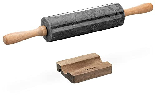 Navaris Rodillo de mármol de cocina - Set 1x amasador para repostería con asas de madera y 1x soporte para recetas en smartphone o tablet - Negro