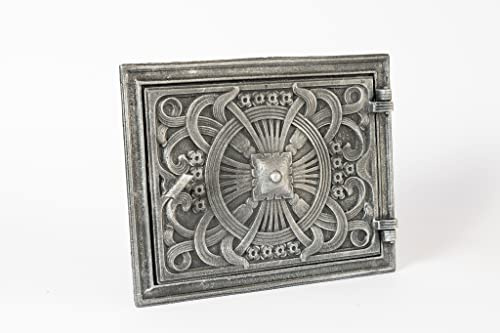 SEZAM dekorative Backofentür aus Gusseisen - mit Türknauf, Brotofentür - Steinofentür - Pizzaofentür 25,7 x 4 x 32,5 cm - rechteckig, altsilberfarben bemalt