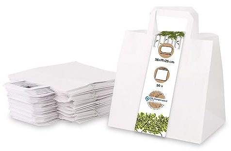 BIOZOYG 50x Papiertragetaschen 26 x 17 x 25 cm - weiße Papiertüten mit Henkel Einkaufstüten - Papiertaschen Geschenktüten Tragetaschen Kraftpapier
