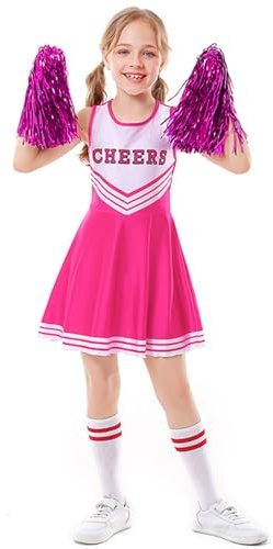 LOLANTA Cheerleader Kostüm Kinder, Cheerleadering Outfit Mädchen mit Pompons(8-9 Jahre,Rosa,Tag 140)
