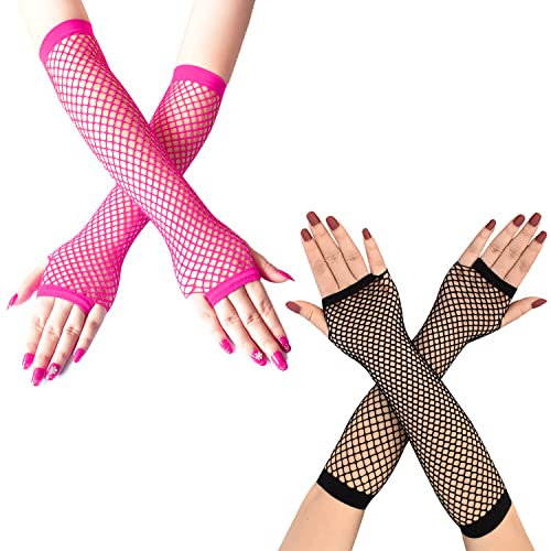 Gatielzana 2 Paar Netzhandschuhe Damen Mesh Fingerlose Handschuhe für 80er Jahre Kostüm Mottoparty, Schwarz / Pink, Einheitsgröße