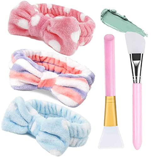Makeup Haarband, FUKPO 3 Stück Damen Kosmetik Haarband Bowknot Stirnband mit 2 Silikonpinsel Maskenpinsel Gesicht, Haarbänder Schleife Elastisch Spa Haarreif für Gesichtsreinigung Schönheit Yoga