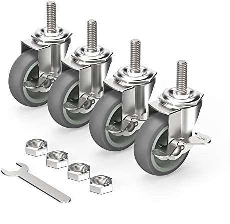 HOLKIE Lenkrollen 75mm (3 Zoll) mit Bremsen Möbelrollen Transportrollen, M12 x 1,75 x 30mm (Schaftdurchmesser 12mm, Schaftlänge 30mm) Schwerlastrollen Gummirollen 4er Set Rollen für Möbel Grau