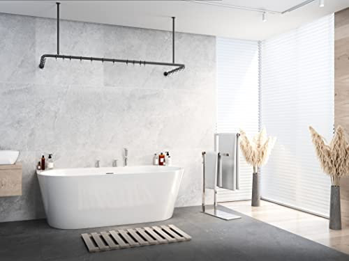 ALU DUSCHVORHANGSTANGE SCHWARZ 70x165x70 CM BARRIEREFREI PASSEND FÜR BADEWANNE, U-FORM, INKL. DECKENHALTERUNGEN, INKL. RINGE WINKELSTANGE