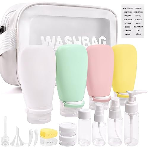 Noideeer 18 Pcs Travel Bottles Set for Toiletries, TSA Approved Travel Size Containers with Bandage Silicone Squeezable for Shampoo Conditioner Lotion Body Wash (Multicolour+White Bag)