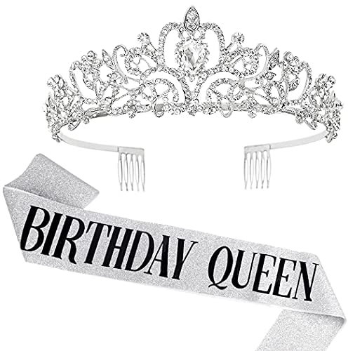 DRESHOW Corona e Fusciacca di Compleanno per Donna Fascia da Regina del Compleanno e Diadema di Strass Set di Diademi e Fusciacche per Ragazze Decorazioni per Capelli Accessori Scintillanti per Festa