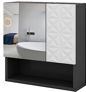 Vicco Badspiegelschrank Edge, Schwarz, 54 x 55 cm | mit Tür und offenen Fächern, zur Aufbewahrung im Bad mit Push-to-open Mechanismus
