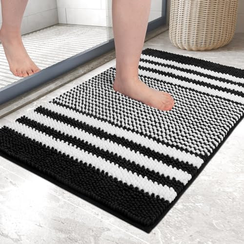 Biscpro Bath Mat Rug Extra Soft and Absorbent Fluffy Striped Chenille,Non Slip Shaggy Bathroom Floor Mat,Machine Washable (Black, 40 x 60 cm)