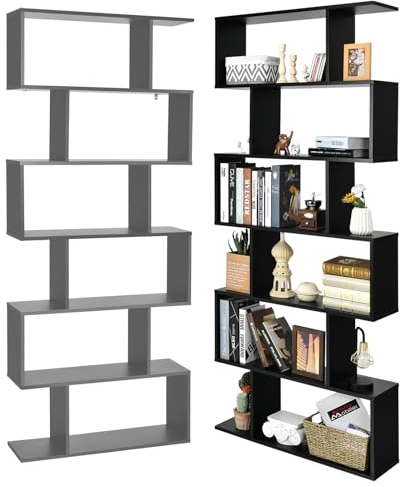 HOMASIS Libreria da Parete a 6 Livelli, Scaffale in Legno, Divisorio Multifunzionale con Design Antiribaltamento, a S per Ufficio, Salotto, 80 x 23 x 191cm (Nero)