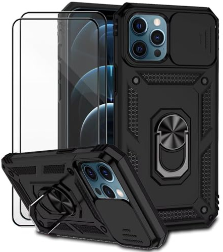 Dechyi für iPhone 12 Pro Max Hülle mit Panzerglas Schutzfolie Schutzhülle mit Kameraschieber Case 360° Drehbarer Militä Ständer Stoßfest Cover-Schwarz