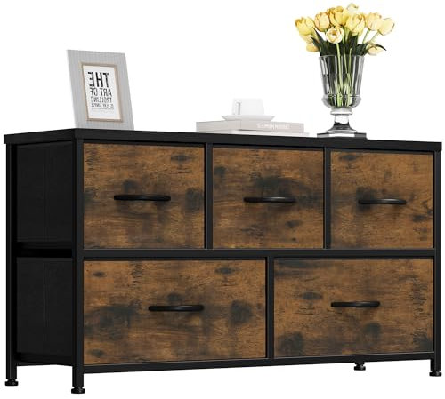YITAHOME kommode mit Schubladen, Schrank mit 5 Schubladen aus Stoff, Aufbewahrungskommode Modernen Stil für Schlafzimmer, Wohnzimmer,Flur, rustikal braun