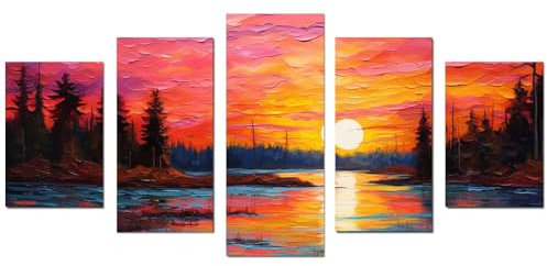 SHYAMIC Abstrakt Bild auf Leinwand Schlafzimmer Bilder 5-teiliges Set, Forest River Sonnenuntergang Szenerie Wandbild Kunstdruck Wohnzimmer Deko Kunst Modern Textur für Büro - 100x200cm Ungerahmt
