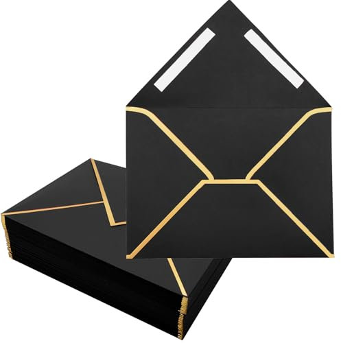 50 Stücke Schwarze Umschläge, 18.3 x 13.3 cm Einladungsumschläge 5 x 7 Zoll Selbstklebende Briefumschläge V-Klappe Folienrand Luxus Versandumschläge für Hochzeit, Einladungen, Babyparty, Geburtstag