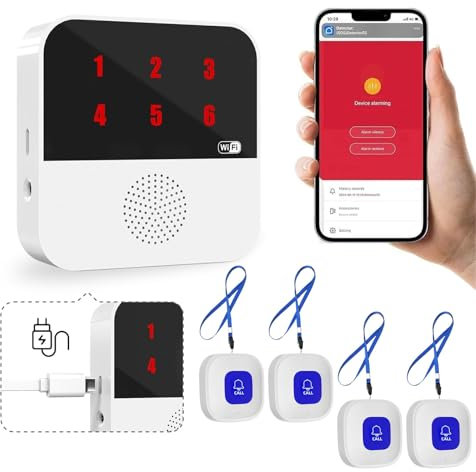 WIOONI Notrufknopf für Senioren Notruf Kabellos Notfallknopf, Hausnotruf intern, Kompatibel mit Tuya Smart/Smart Life, WiFi Smart SOS Notrufknopf-Alarm Set 4 Sender 1 Empfänger (Nur 2.4GHz Wi-Fi)