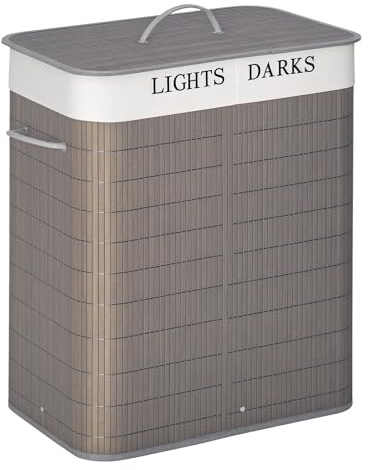 HOMCOM Cesto para Ropa Sucia de Bambú 100L con Tapa 52x32x63 cm Gris