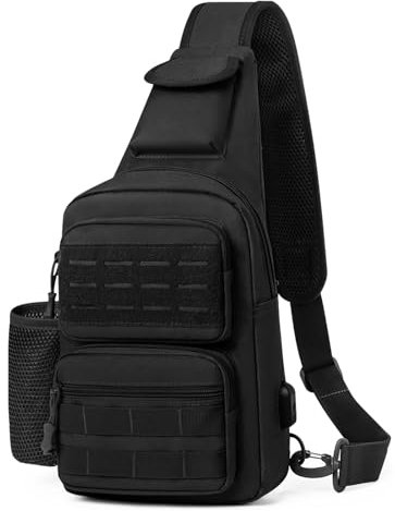 Explokit Bolso de Bandolera Táctico Pequeño Mochila de Hombro Paquete de Pecho Molle Mochila Casual Multiusos para Senderismo Ciclismo y Viajes (#01-Negro)