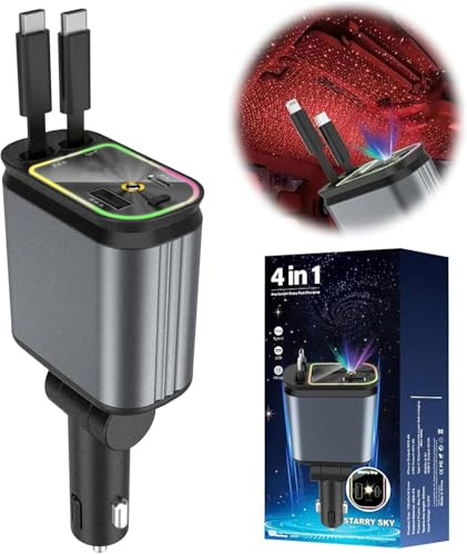 4 in 1 Retractable Starry Stars Proof Car Charger, Star Night Light Double Type C Fast Charging Car Adapter, Retractable Car Charger with Star Projector & LED, Cable Car USB Charger (C+C)