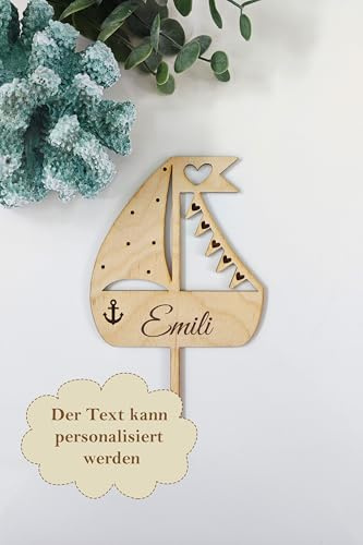 Holzstecker Caken Topper | Kommunion - Konfirmation - Firmung - Taufe | Wimpel & Boot | personalisiert mit Name | Tortenaufsatz | Tortendekoration