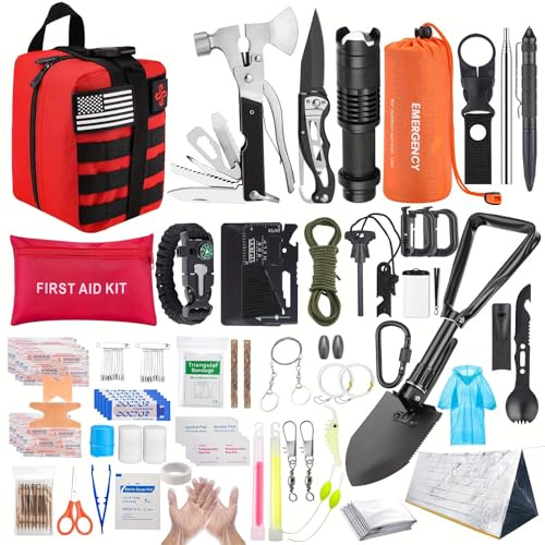 Kit de supervivencia, equipo de supervivencia de 252 piezas, kit de primeros auxilios con bolsa compatible con sistema Molle y tienda de campaña de emergencia, kit de emergencia para terremoto,
