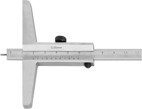 ASIMETO Tiefenmessschieber 80 mm mit rundem Stift, 0,05 mm, ISO 13385-1 | Rostfreier Stahl, mattverchromte Ableseteile, Feststellschraube, Schiene umsteckbar, inkl. Etui