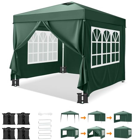 Bonnlo Pop-up Pavillon, Faltpavillon 3x3m, Höhenverstellbar, Wasserdicht Partyzelt mit 4 Seitenteilen, Gartenpavillon für Outdoor Hochzeit Garten Camping Party, Grau (Grün mit Sandsäcken)